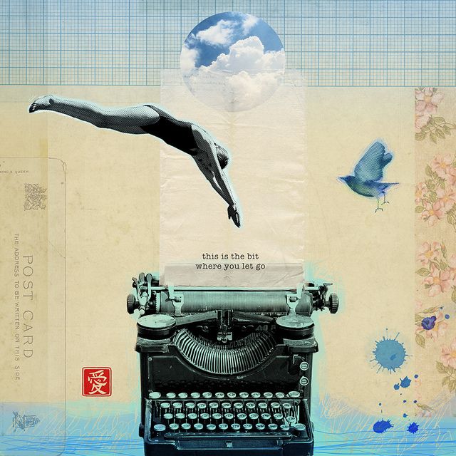 A vintage surreal collage of a typewriter beneath a diving figure, blue bird and clouds