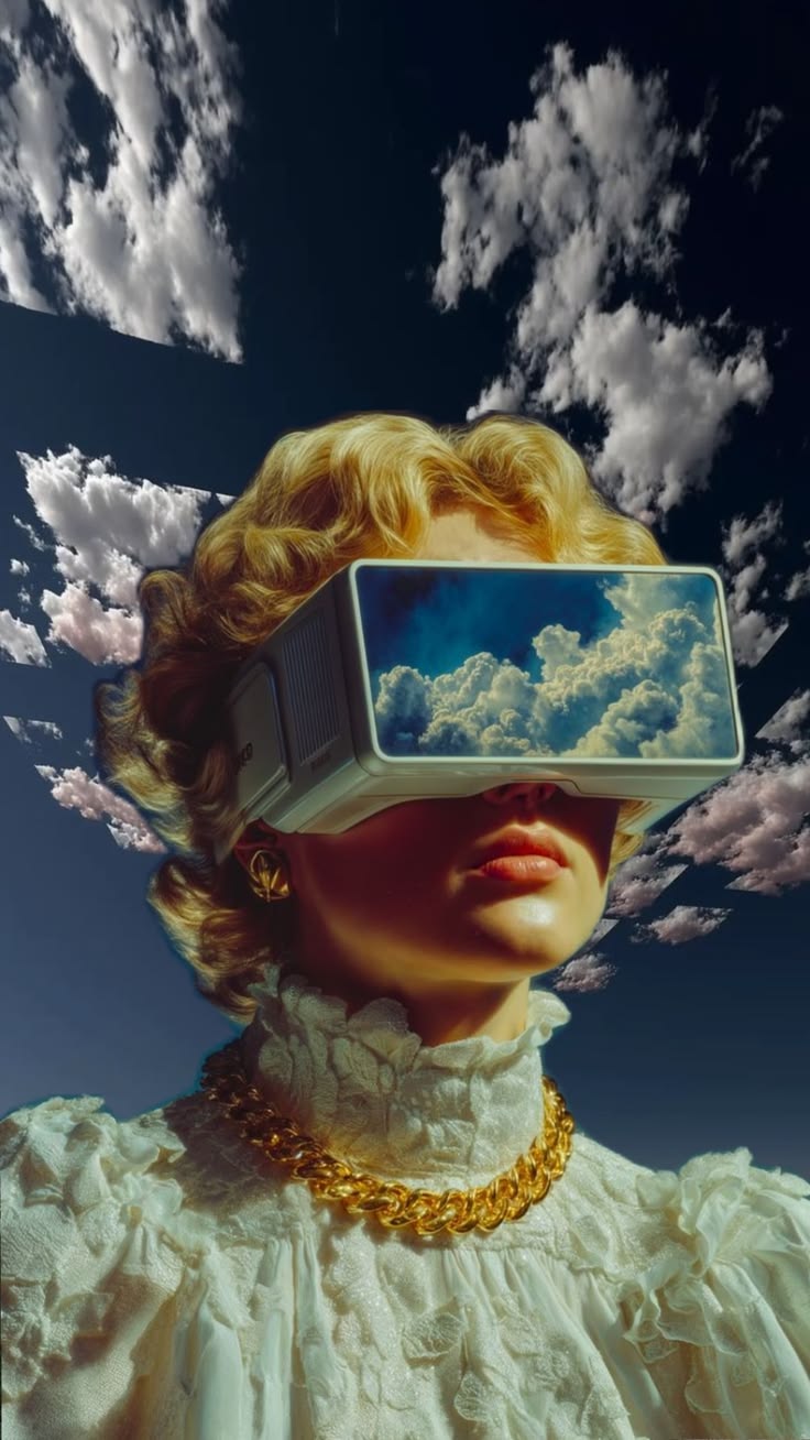 A woman wearing a virtual-reality headset beneath a surreal cloud-filled sky
