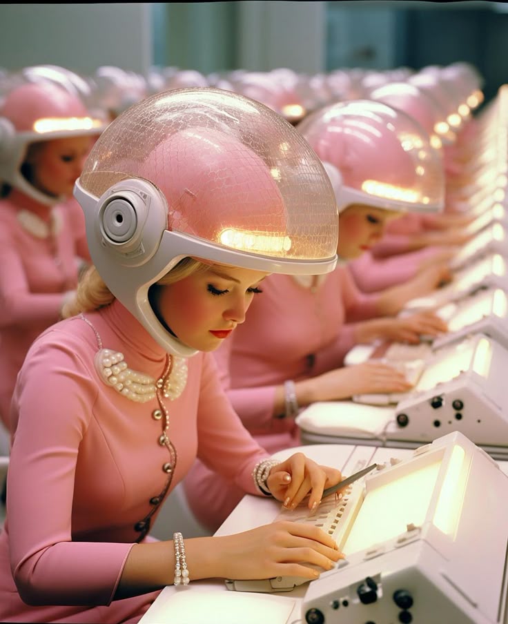 Women in pink futuristic uniforms working together at computer consoles