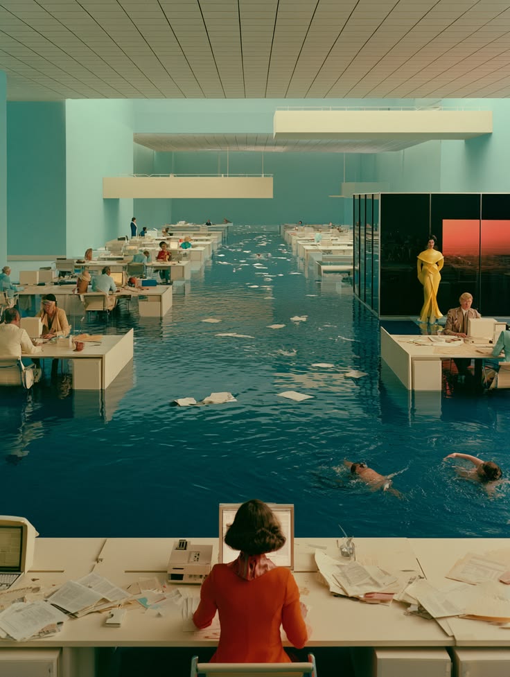 A surreal office partly submerged in water, with people working and swimming