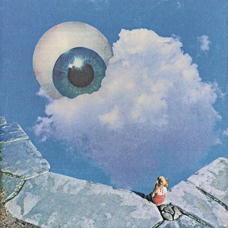 Surreal blue collage of an eye in the clouds above a young person