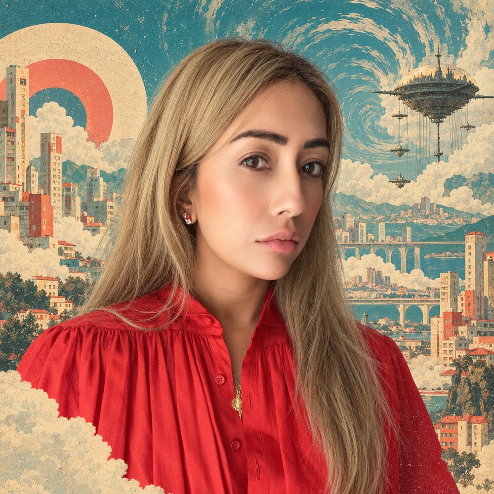 Sima Rahman-Huang in a surreal city and cloud landscape